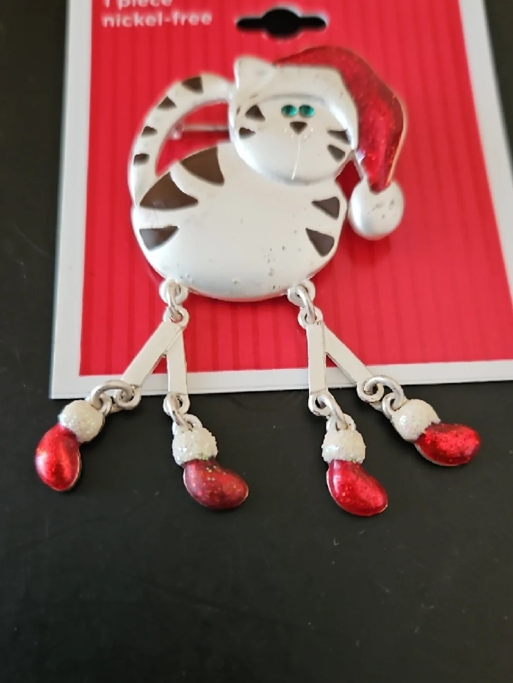 Festive Cat Holiday Brooch Pin in Red and Silver